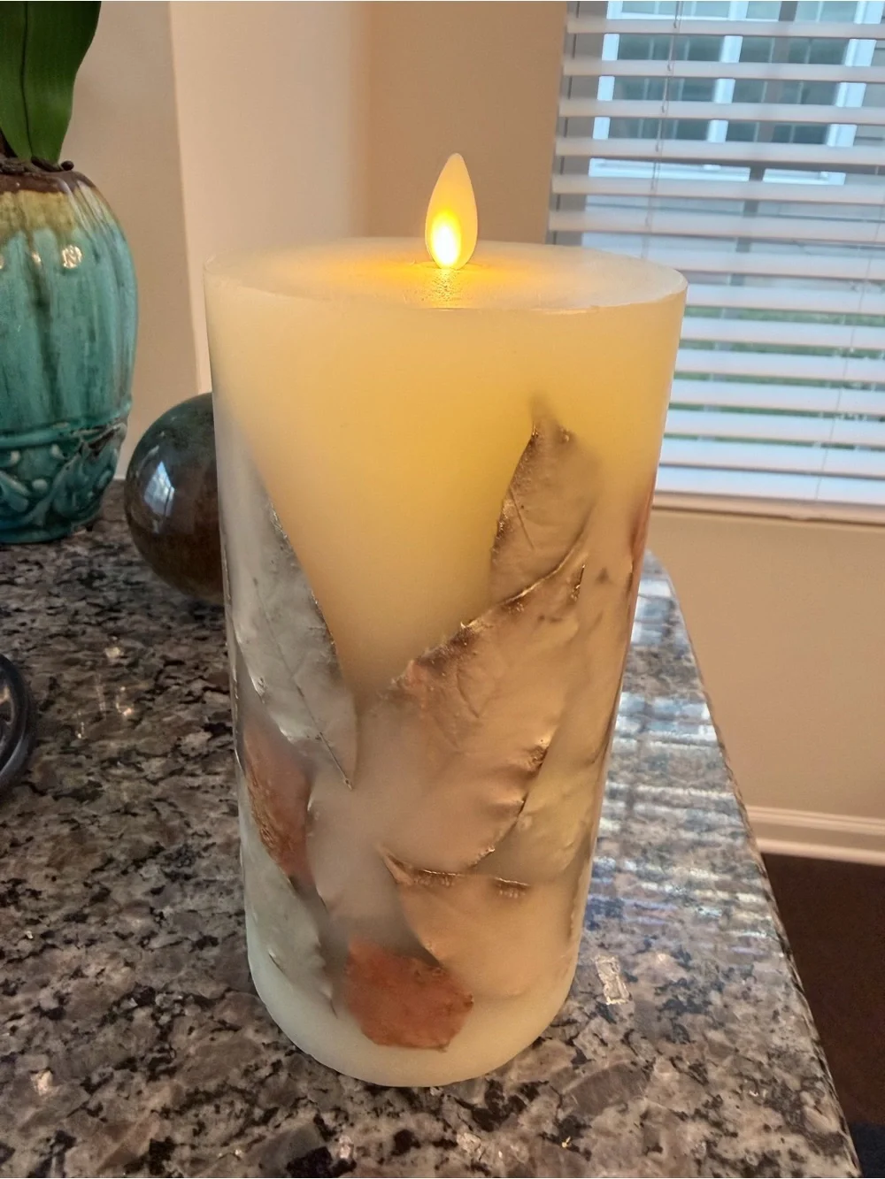 Vintage flameless Cream with Leaf accents  Pillar Candle